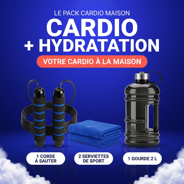 Pack Cardio Maison : corde à sauter, 2 serviettes et gourde 2 L