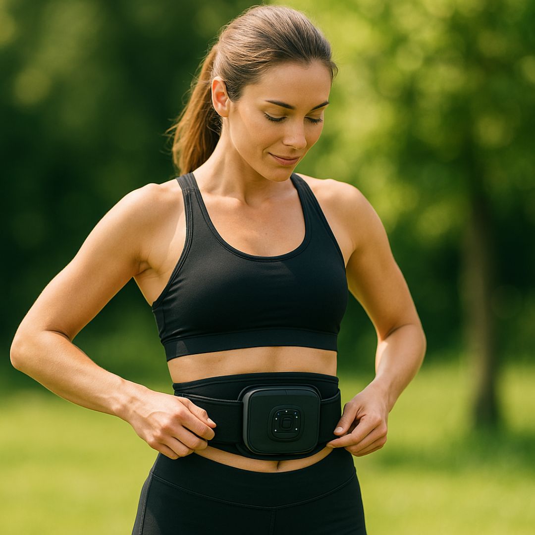 Une femme en tenue de sport utilise une ceinture abdominale