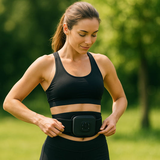 Une femme en tenue de sport utilise une ceinture abdominale