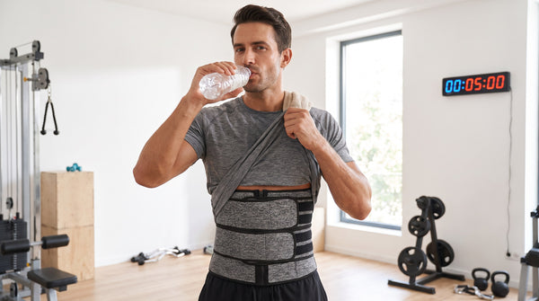 Homme portant une ceinture de sudation qui s'hydrate pendant une pause à l'entraînement