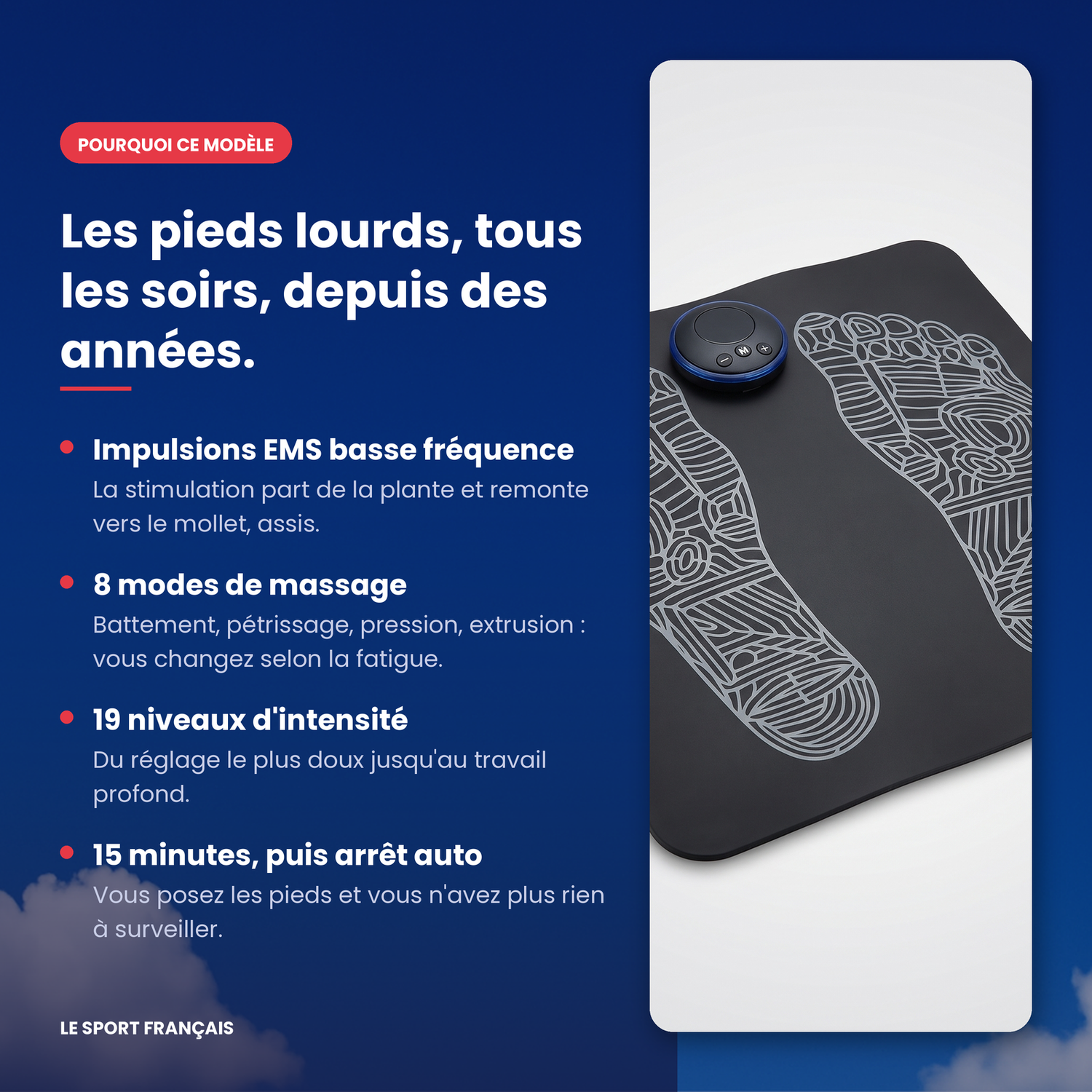Bénéfices du tapis EMS pieds : 8 modes, 19 niveaux d'intensité, arrêt auto après 15 minutes