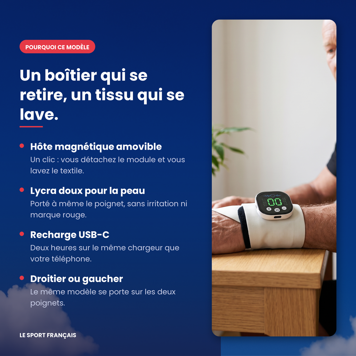 Masseur de poignet EMS : hôte magnétique amovible, textile lavable, recharge USB-C