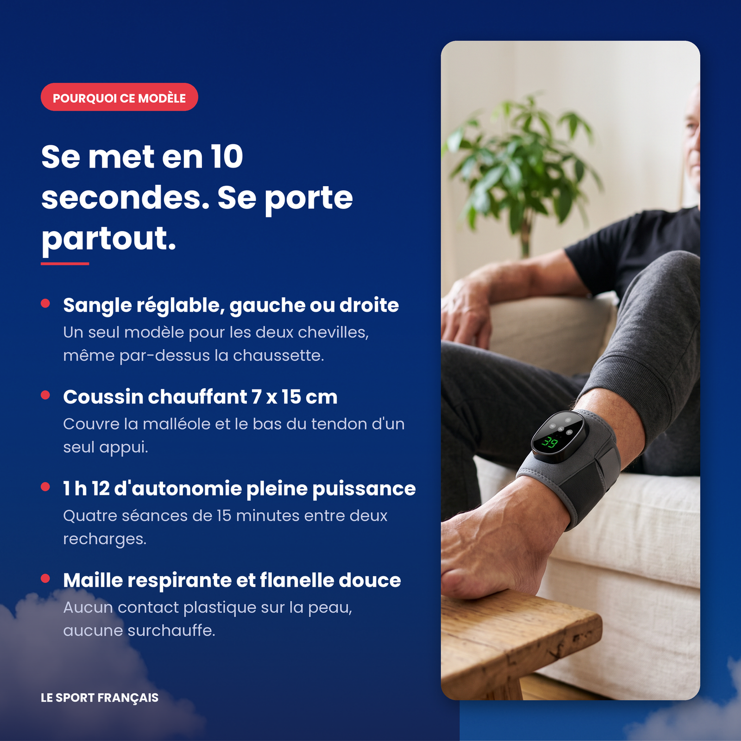 Masseur de cheville : sangle réglable gauche ou droite, coussin chauffant 7 x 15 cm, autonomie 1 h 12