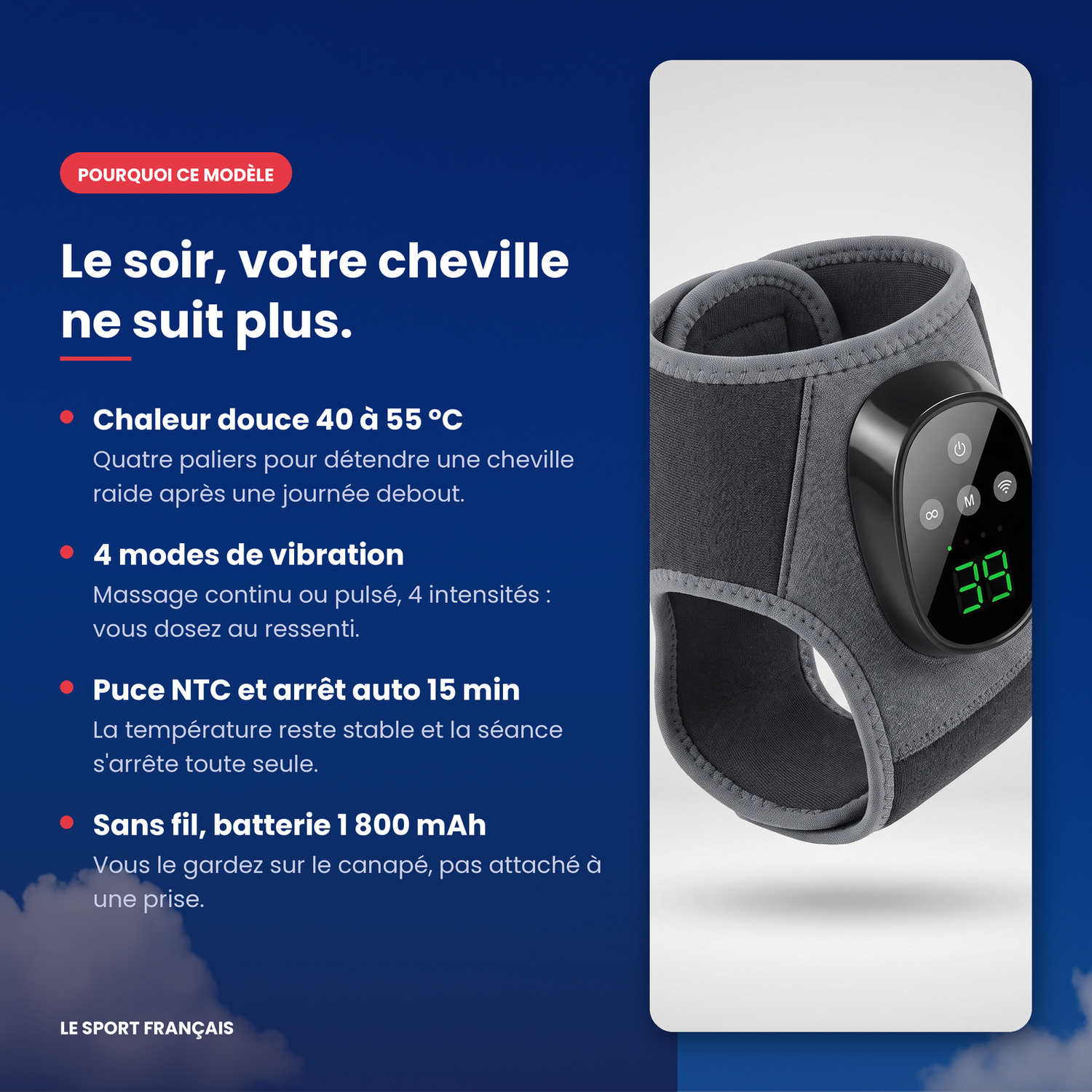 Bénéfices du masseur de cheville chauffant : chaleur 40 à 55 °C, 4 modes de vibration, arrêt automatique 15 min