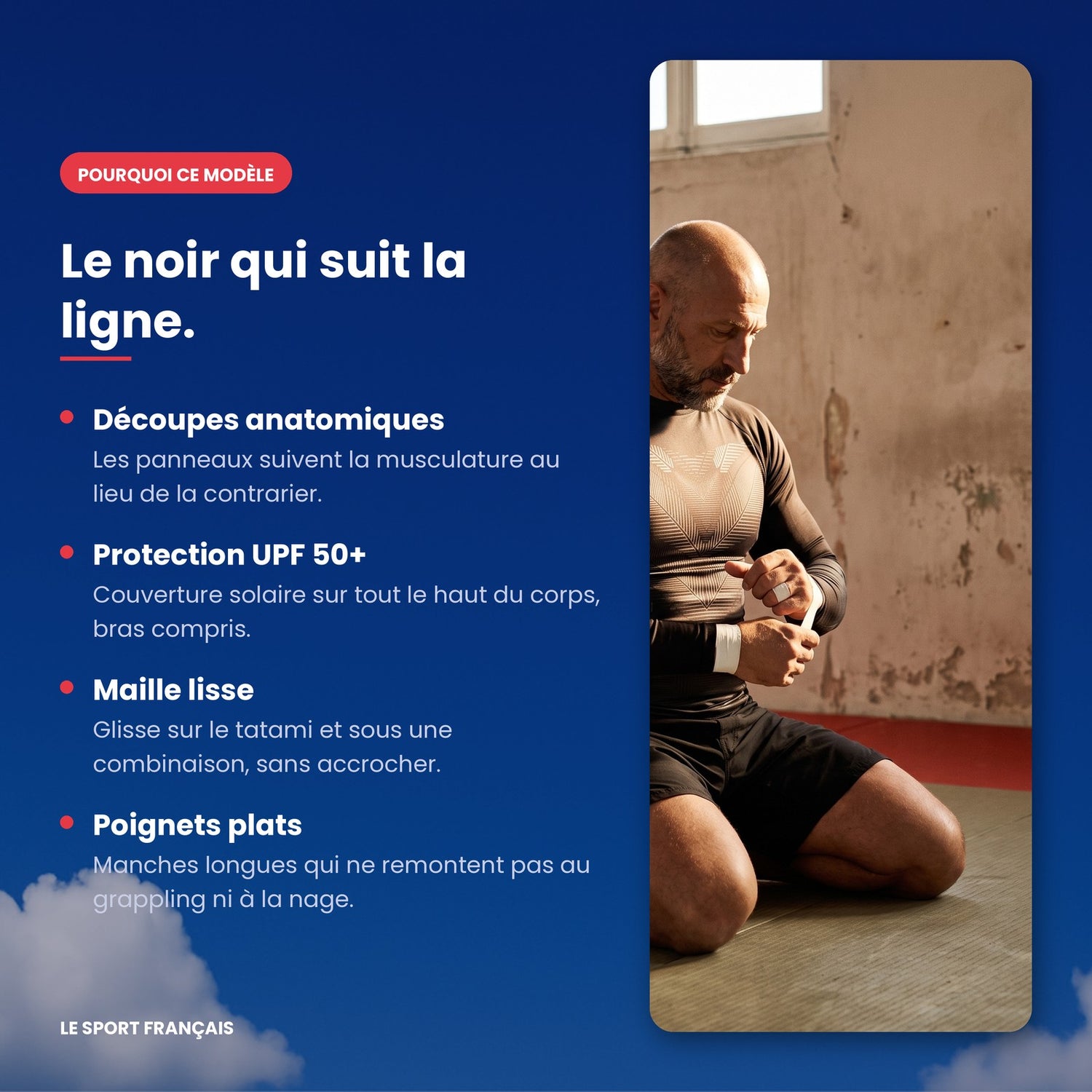 Points forts rashguard manches longues UPF 50 noir anatomique