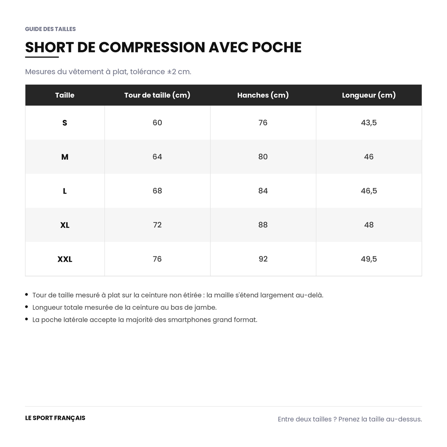 Guide des tailles du short de compression homme avec poche