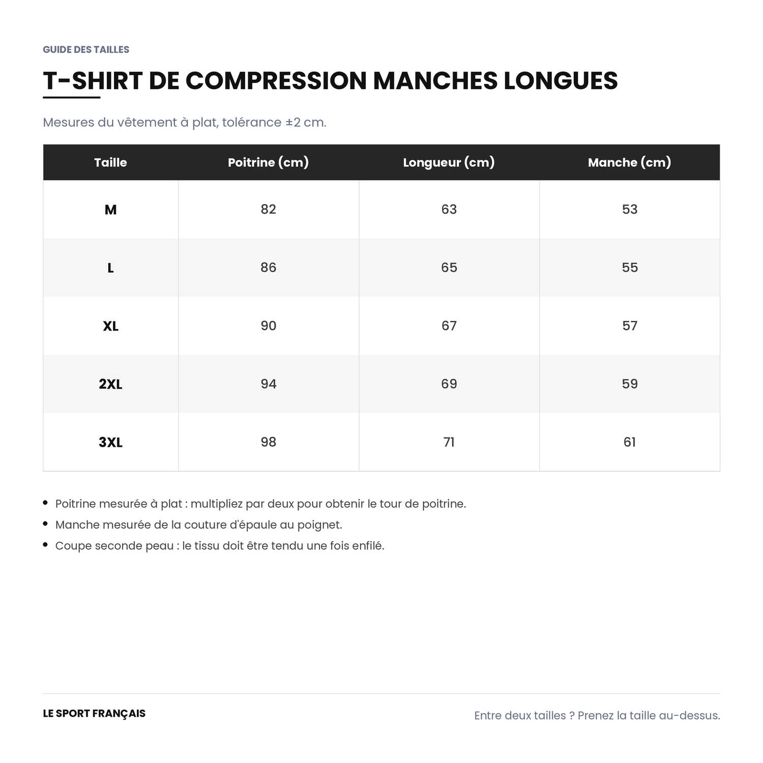 Guide des tailles du t-shirt de compression manches longues