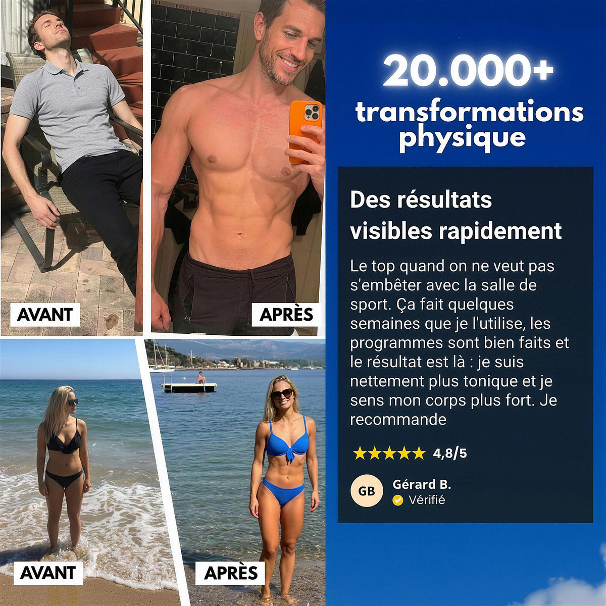 Avis et photos avant / après des fondateurs de Le Sport Français avec la ceinture abdominale EMS, note 4,8/5