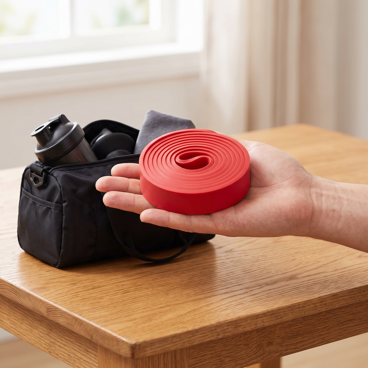 Bande de résistance rouge pliée dans la main : 150 g, elle tient dans la poche d'un sac