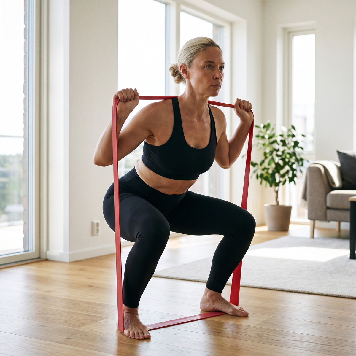 Squat avec la bande de résistance rouge sous les pieds et sur les épaules