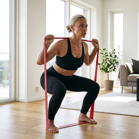 Squat avec la bande de résistance rouge sous les pieds et sur les épaules