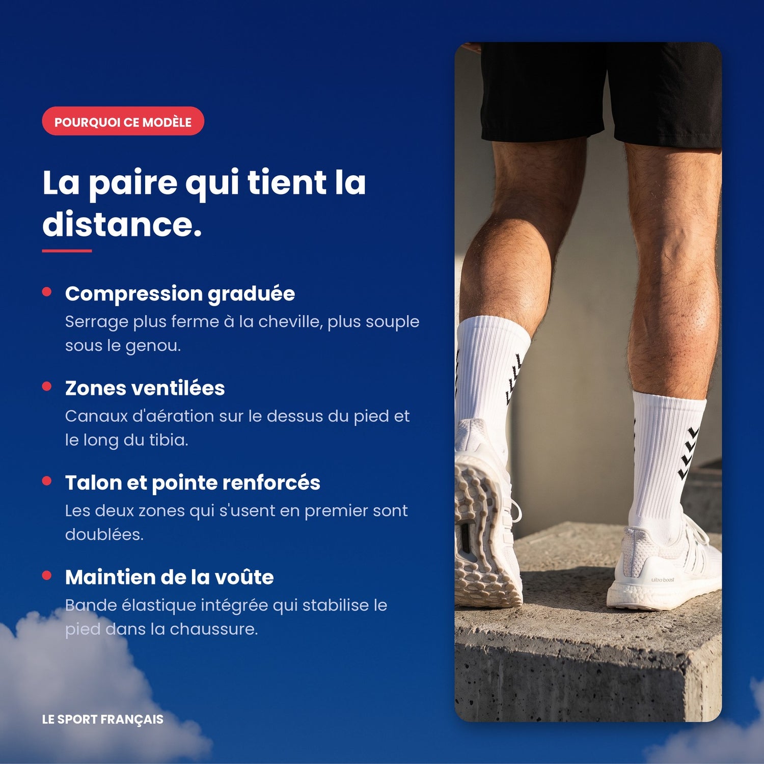 Points forts chaussettes running compression mi-mollet blanc noir