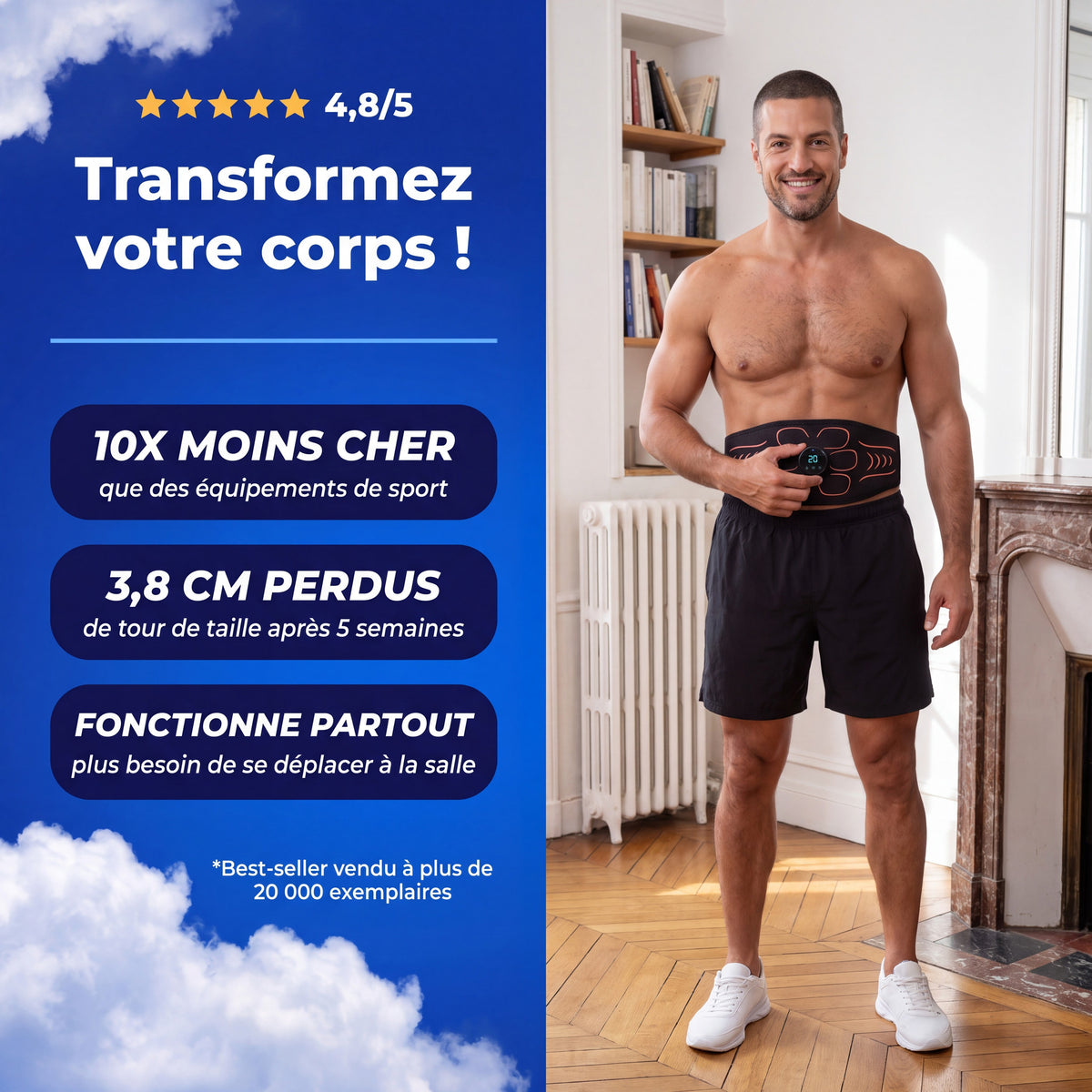 Homme portant la ceinture abdominale EMS Le Sport Français chez lui, notée 4,8/5, 10x moins cher qu'un équipement de sport
