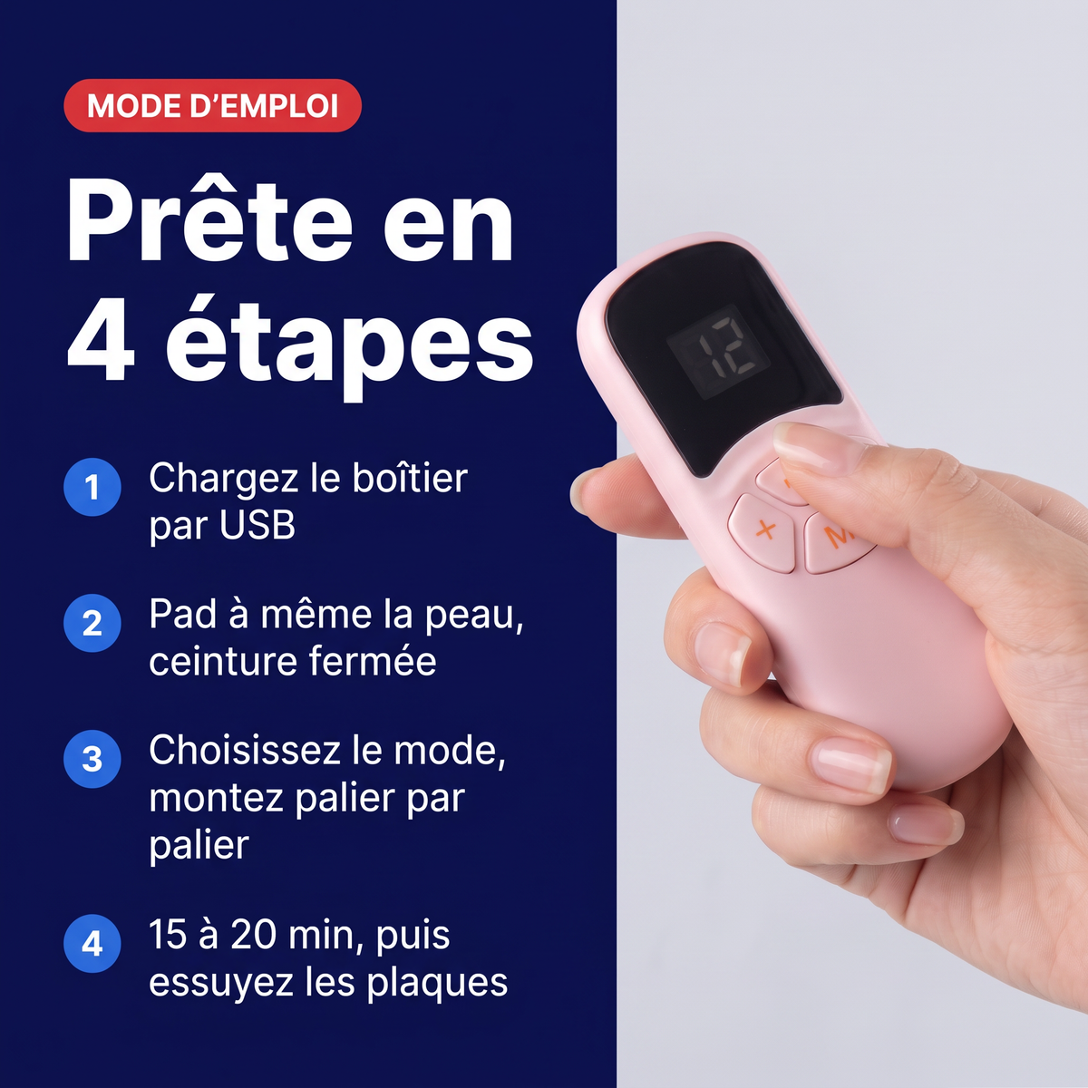 Mode d'emploi de la ceinture EMS fessiers : charger par USB, pad à même la peau, choisir le mode, 15 à 20 minutes puis essuyer les plaques
