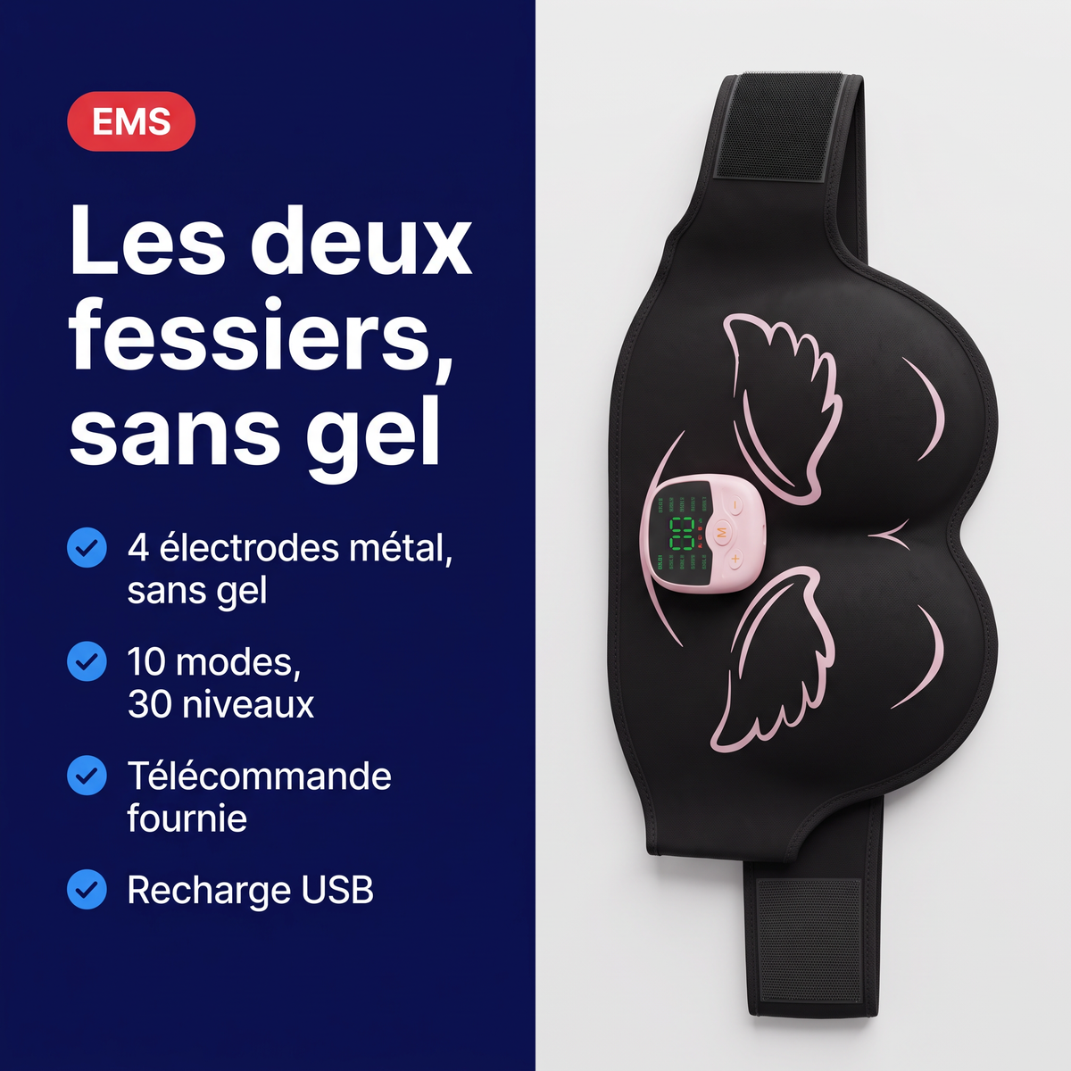Bénéfices de la ceinture EMS fessiers : 4 électrodes métal sans gel, 10 modes et 30 niveaux, télécommande fournie, recharge USB