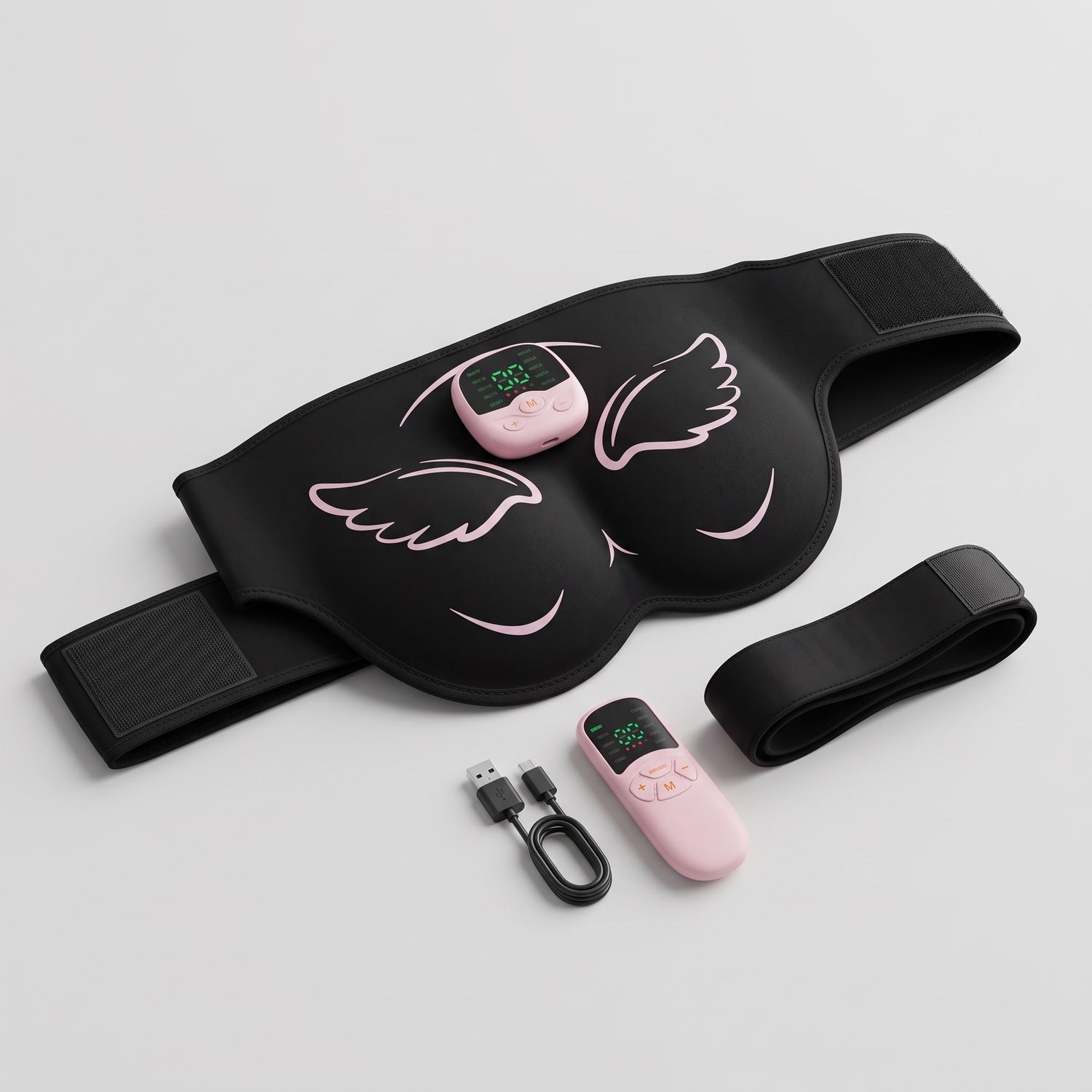 Ceinture EMS fessiers Le Sport Français : pad noir en ailes avec boîtier de commande et télécommande