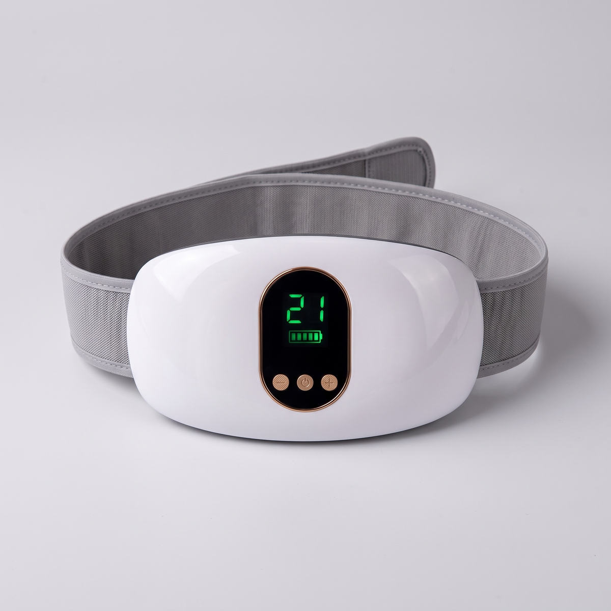 Ceinture massante abdominale 3-en-1 Le Sport Français : boîtier blanc à écran LED sur sangle élastique grise