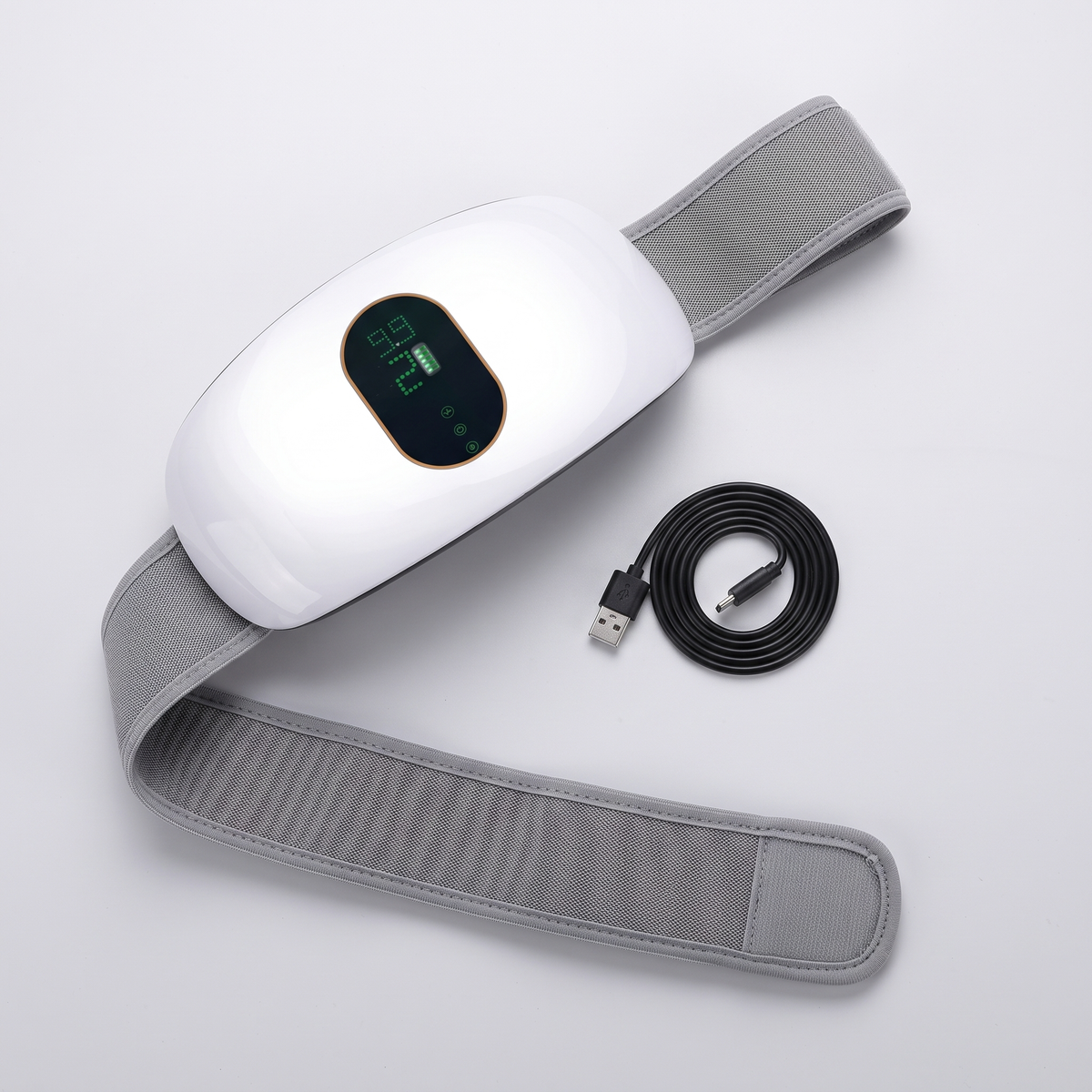 Contenu de la boîte : ceinture massante 3-en-1 avec sangle et câble de recharge USB