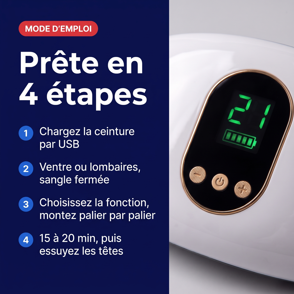 Mode d'emploi de la ceinture massante 3-en-1 : charger par USB, placer sur le ventre ou les lombaires, choisir la fonction, 15 à 20 minutes