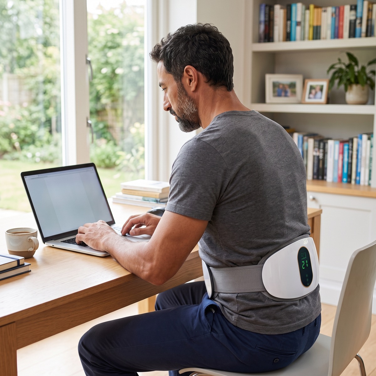 Homme au bureau avec la ceinture massante 3-en-1 sur les lombaires, chaleur douce en télétravail