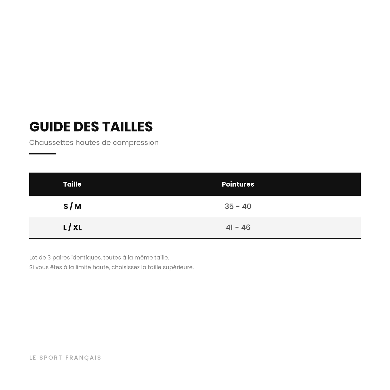 Guide des tailles des chaussettes de compression, pointures 35 à 46