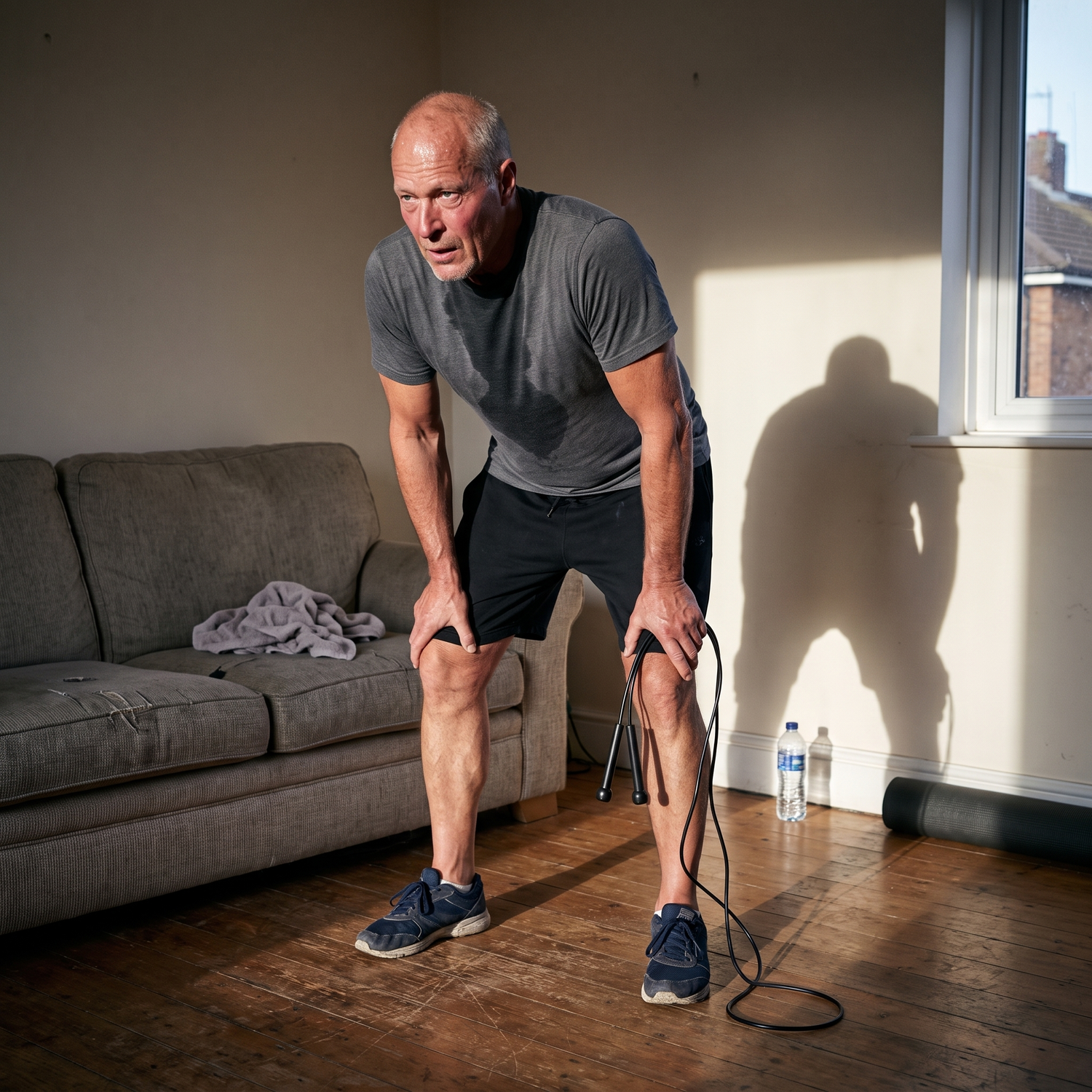 Homme reprenant le sport, mains sur les genoux après une série à la corde à sauter dans son salon