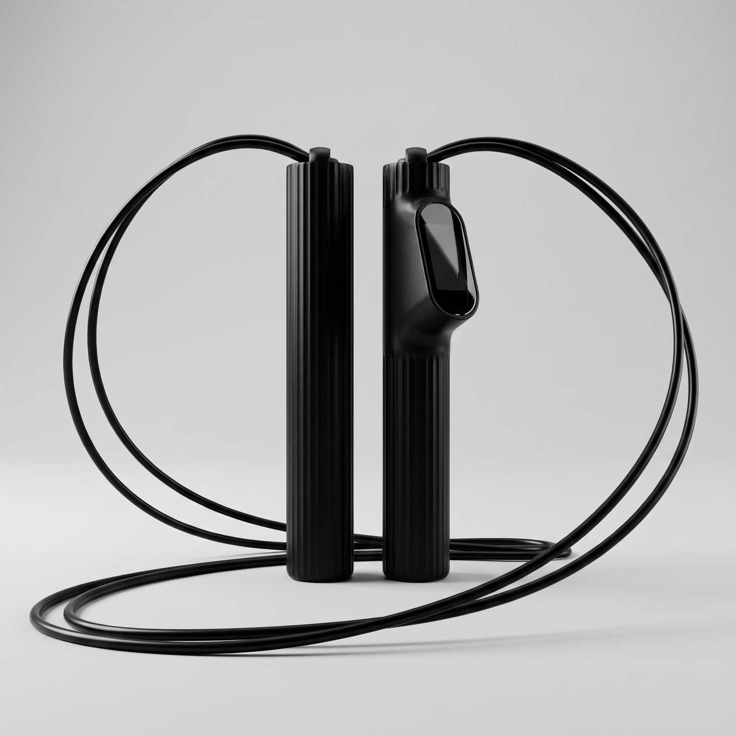 Corde à sauter connectée noire avec écran intégré, câble déroulé en S sur fond gris clair