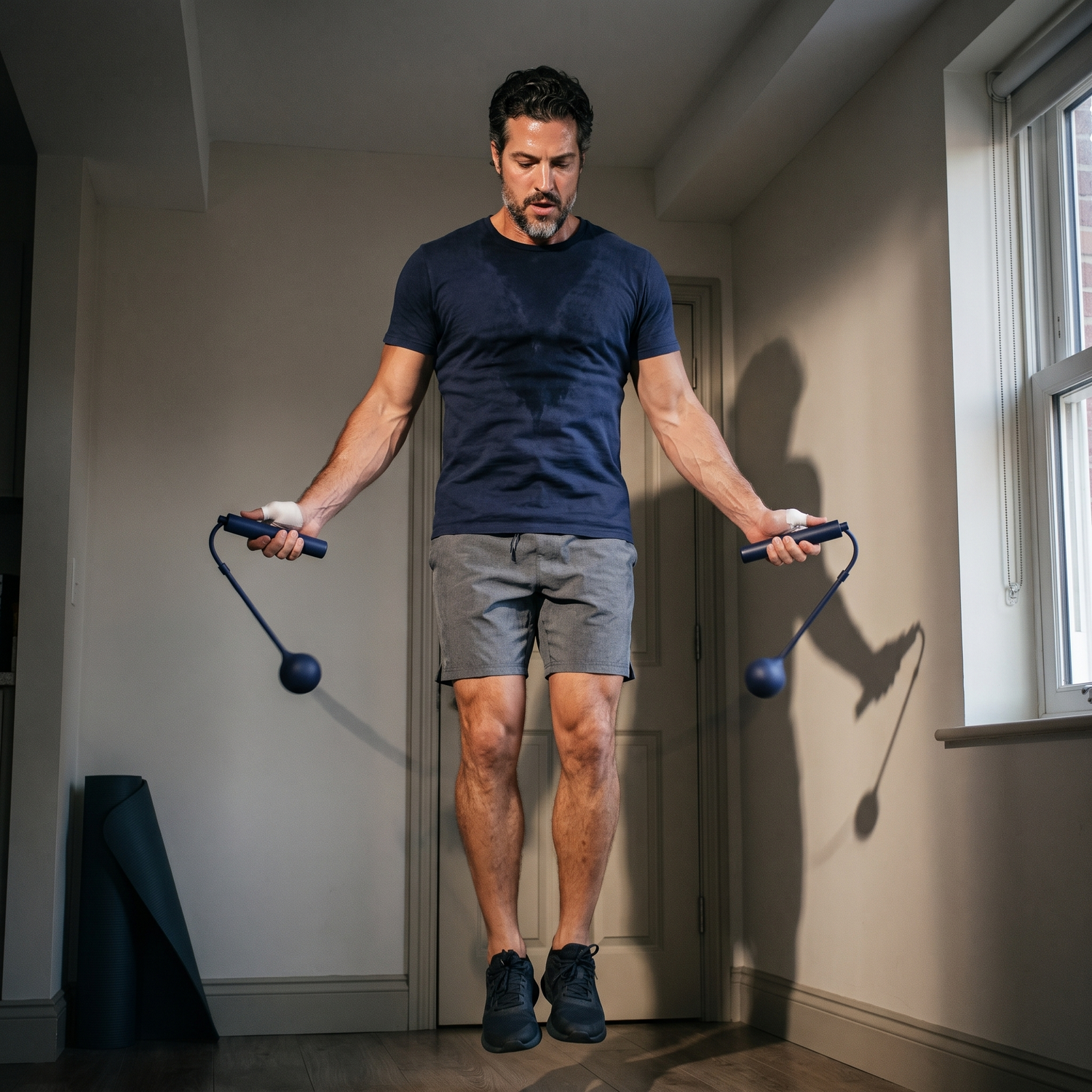 Corde à sauter connectée utilisée en mode sans corde à domicile, entraînement cardio sans place nécessaire