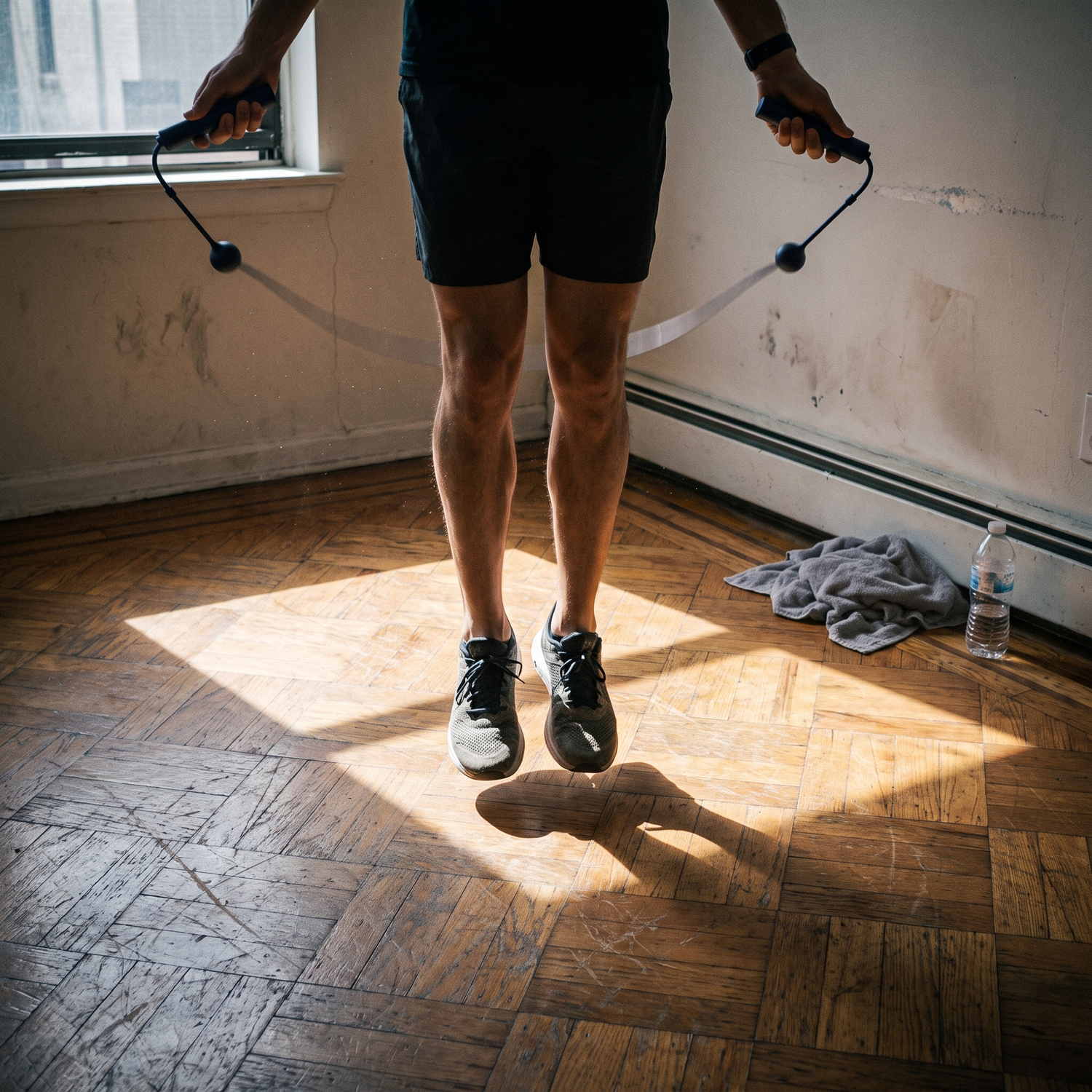 Homme utilisant la corde à sauter connectée en mode sans corde dans un appartement