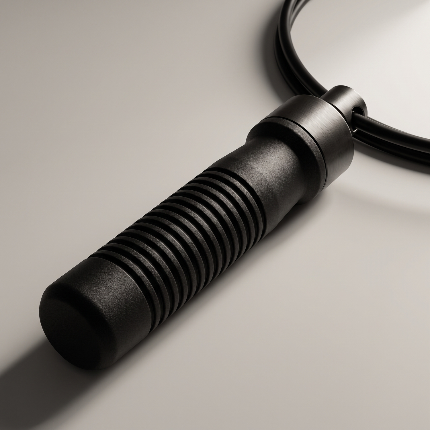 Poignée ergonomique noire nervurée et émerillon métal de la corde à sauter connectée