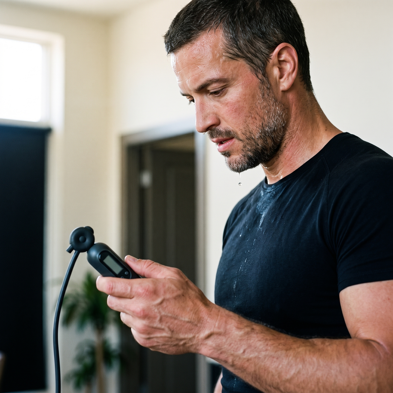 Sportif consultant le compteur digital sur la poignée de la corde à sauter en fin de séance