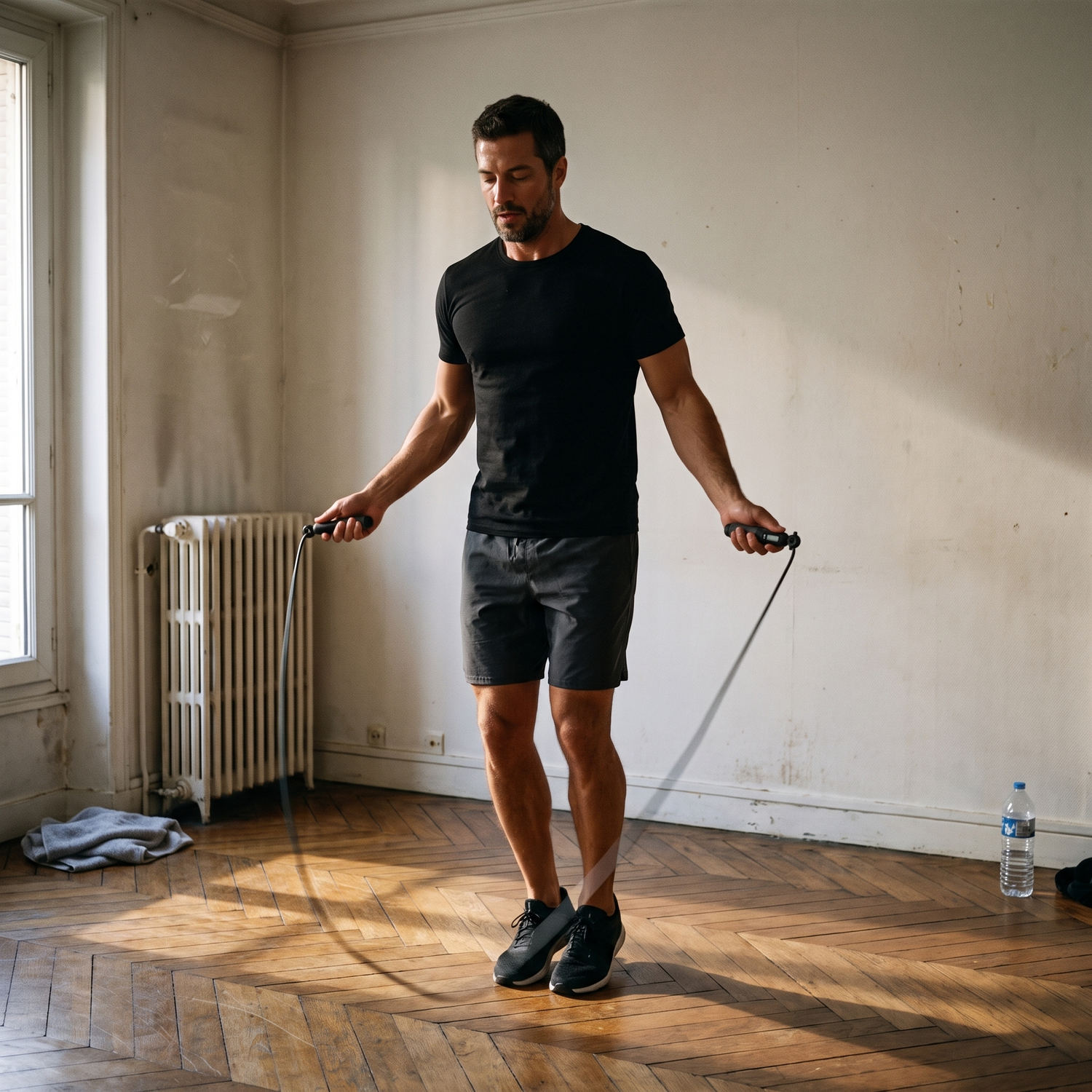 Homme s'entraînant à la corde à sauter digitale dans son appartement, séance de cardio à domicile