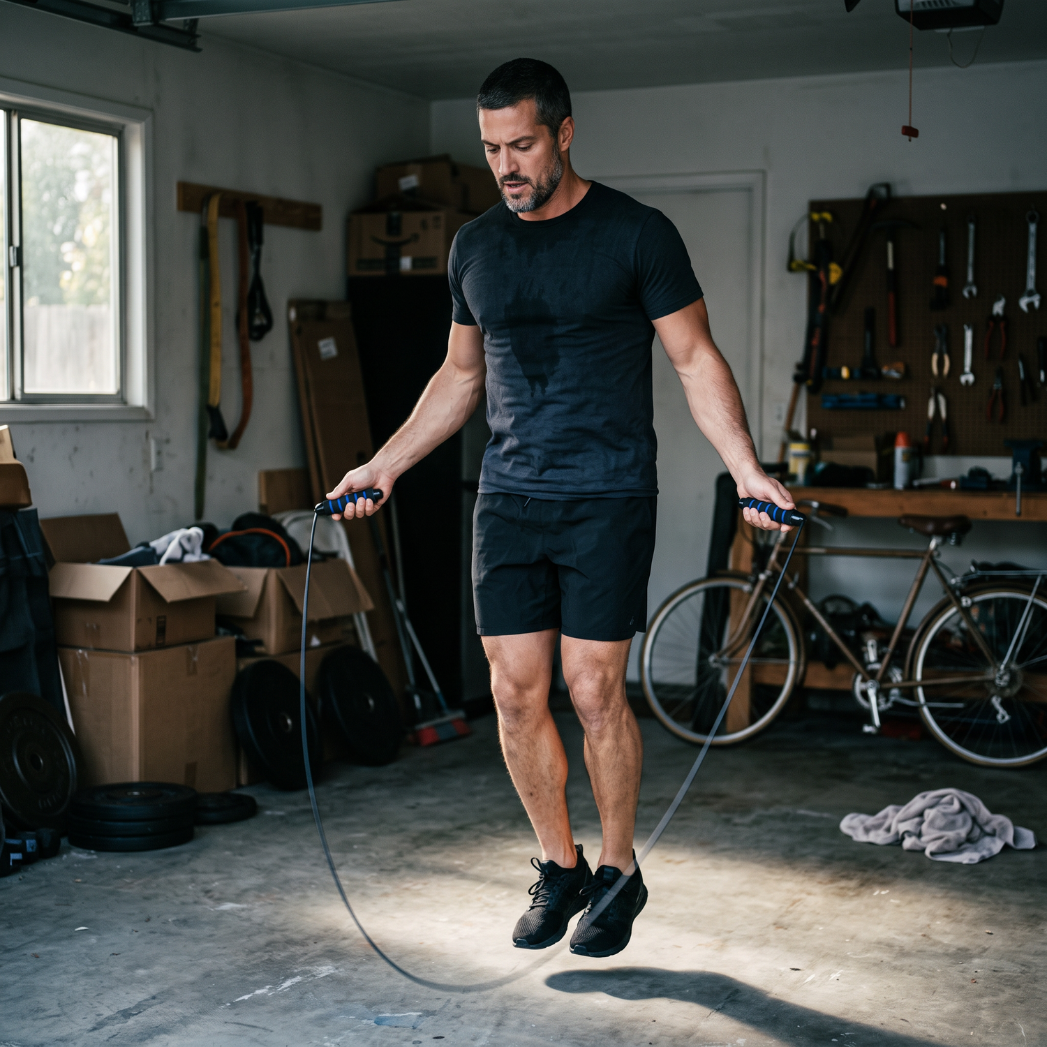 Homme sautant à la corde dans son garage avec la corde à sauter à roulements à billes Le Sport Français
