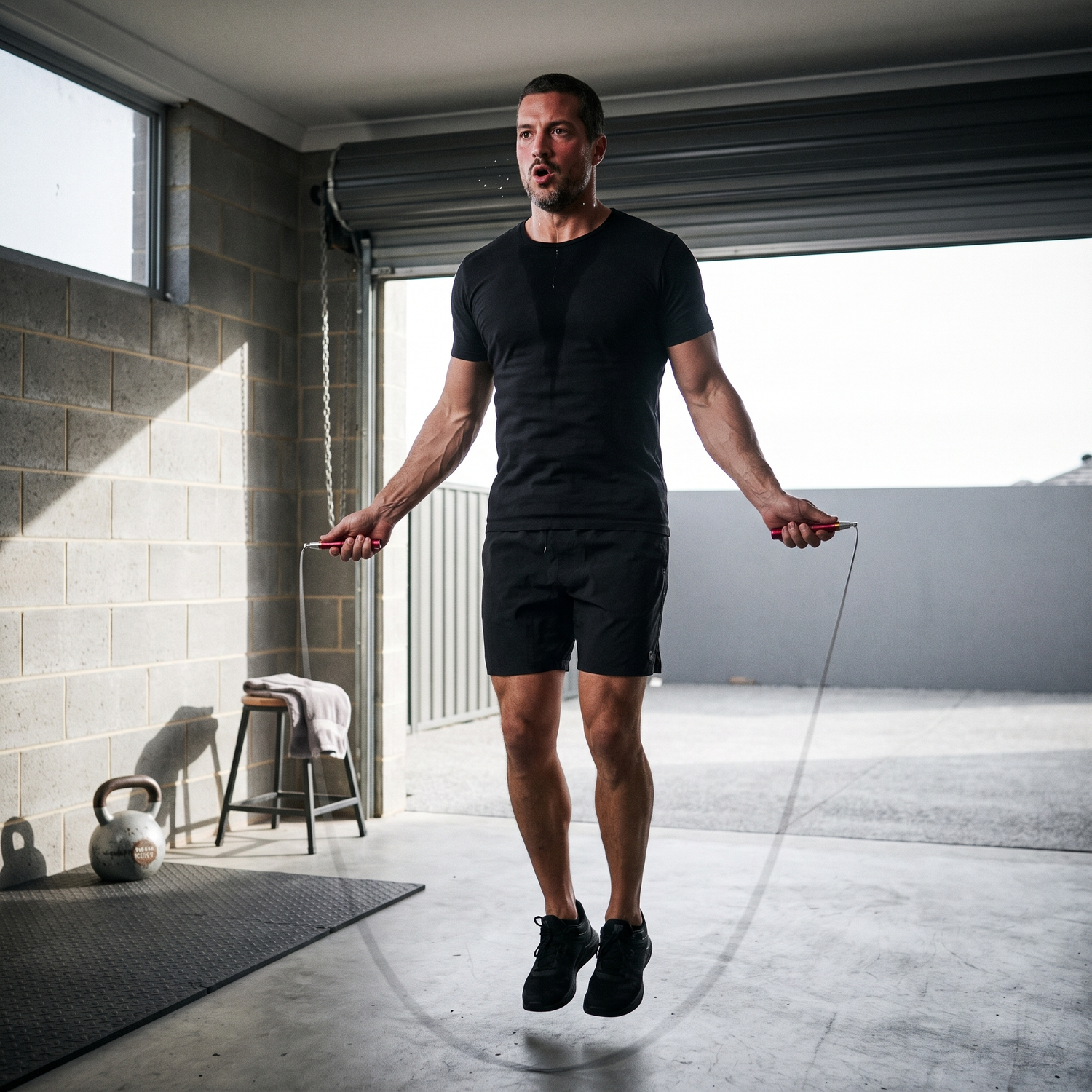 Homme en plein saut avec la corde à sauter speed rope dans un garage aménagé en salle de sport