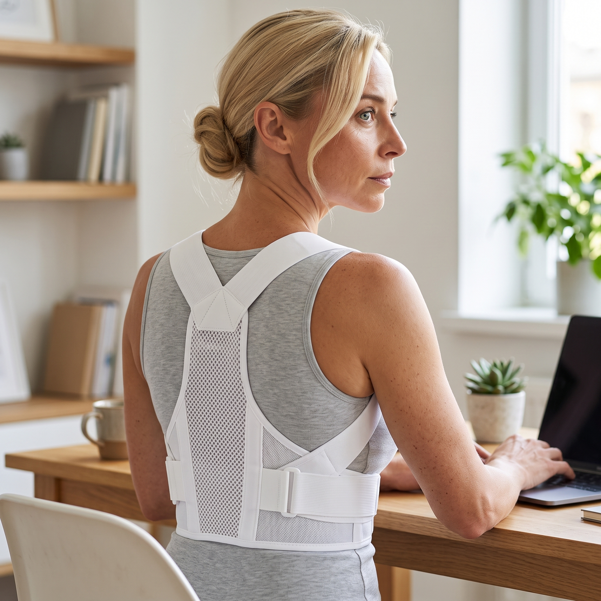 Femme portant le correcteur de posture blanc respirant à son bureau devant son ordinateur