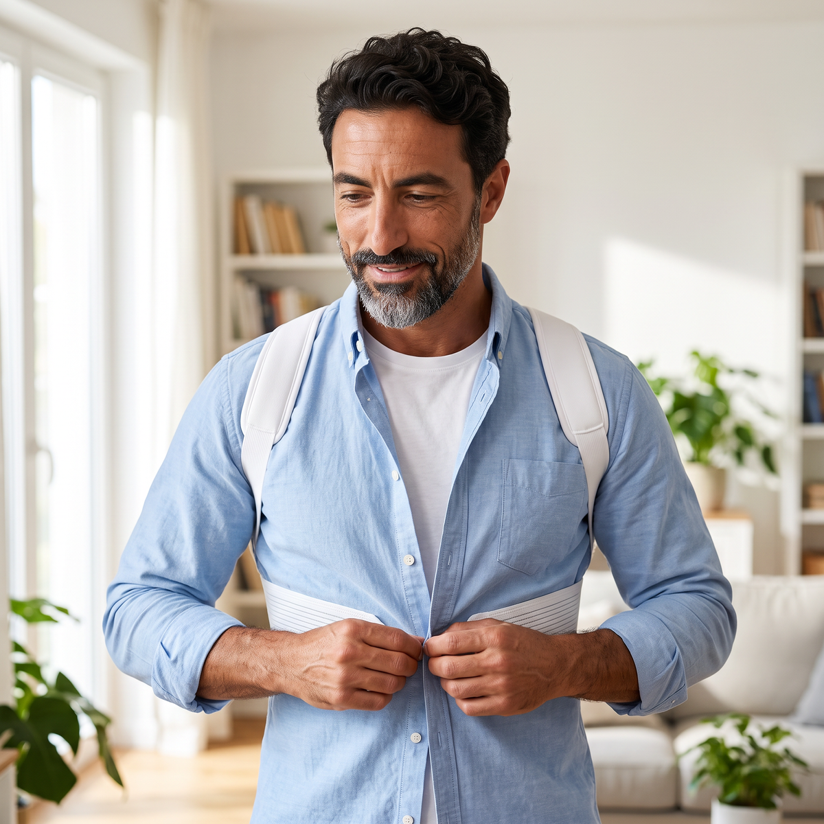 Homme boutonnant sa chemise par-dessus le correcteur de posture blanc porté sur un tee-shirt