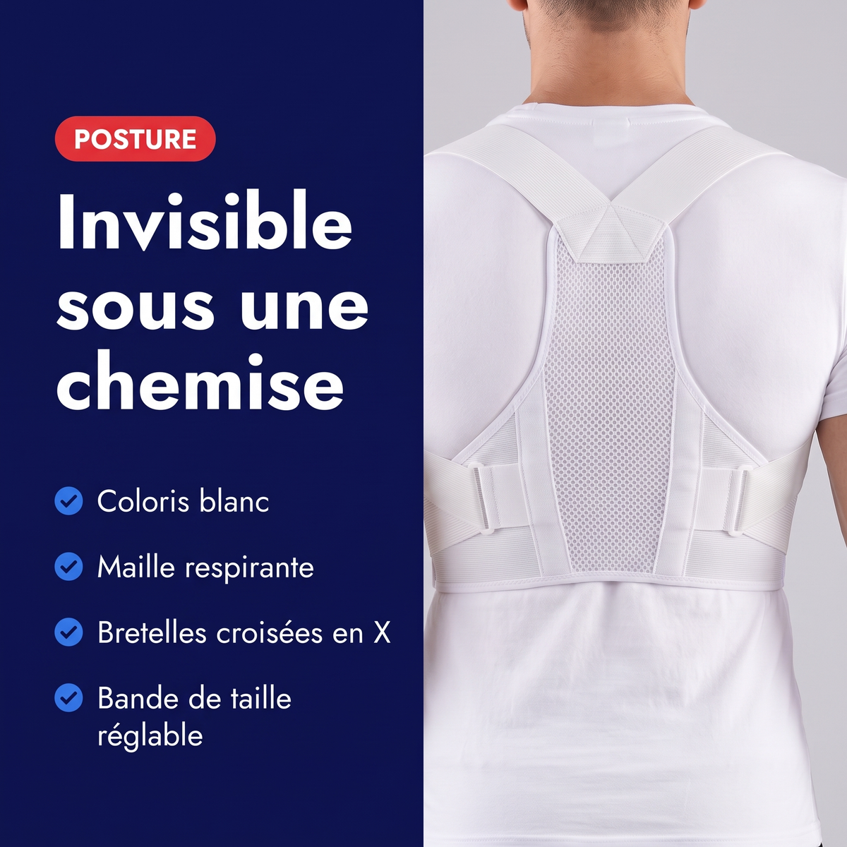 Bénéfices du correcteur de posture blanc : coloris blanc, maille respirante, bretelles croisées en X, bande de taille réglable