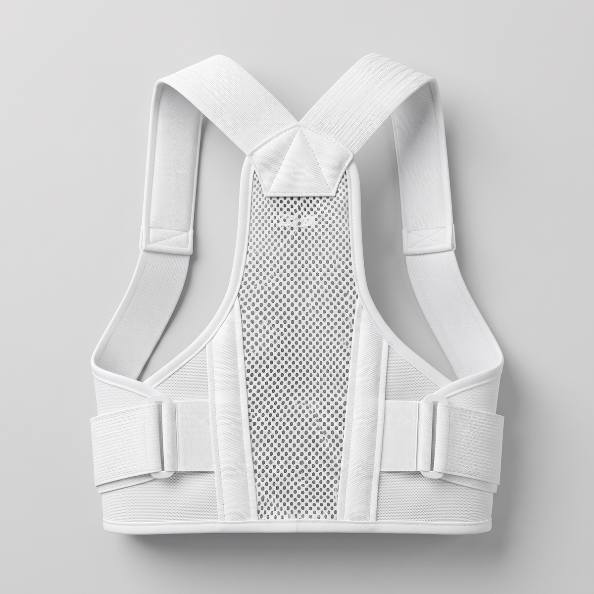 Correcteur de posture blanc à plat : bretelles croisées en X, panneau dorsal en maille respirante et bande de taille