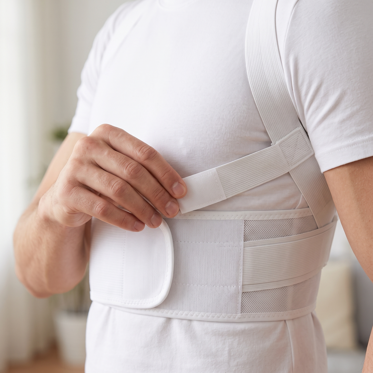 Réglage de la tension du correcteur de posture blanc : languette auto-agrippante fixée sur le côté de la bande
