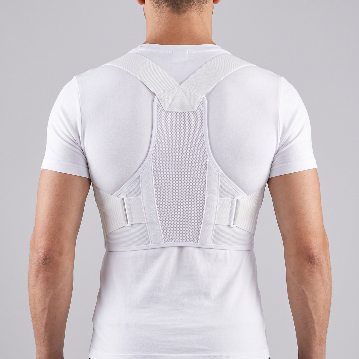 Correcteur de posture blanc respirant Le Sport Français porté, vue de dos : bretelles en X, maille nid d'abeille et bande de taille