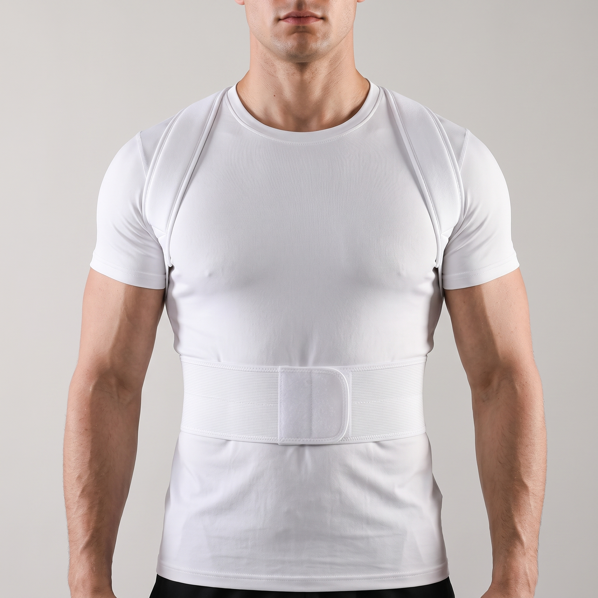 Correcteur de posture blanc vu de face : bretelles larges rembourrées et bande de taille auto-agrippante