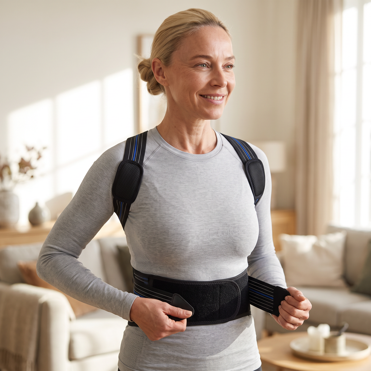 Femme ajustant la ceinture lombaire du correcteur de posture dos complet