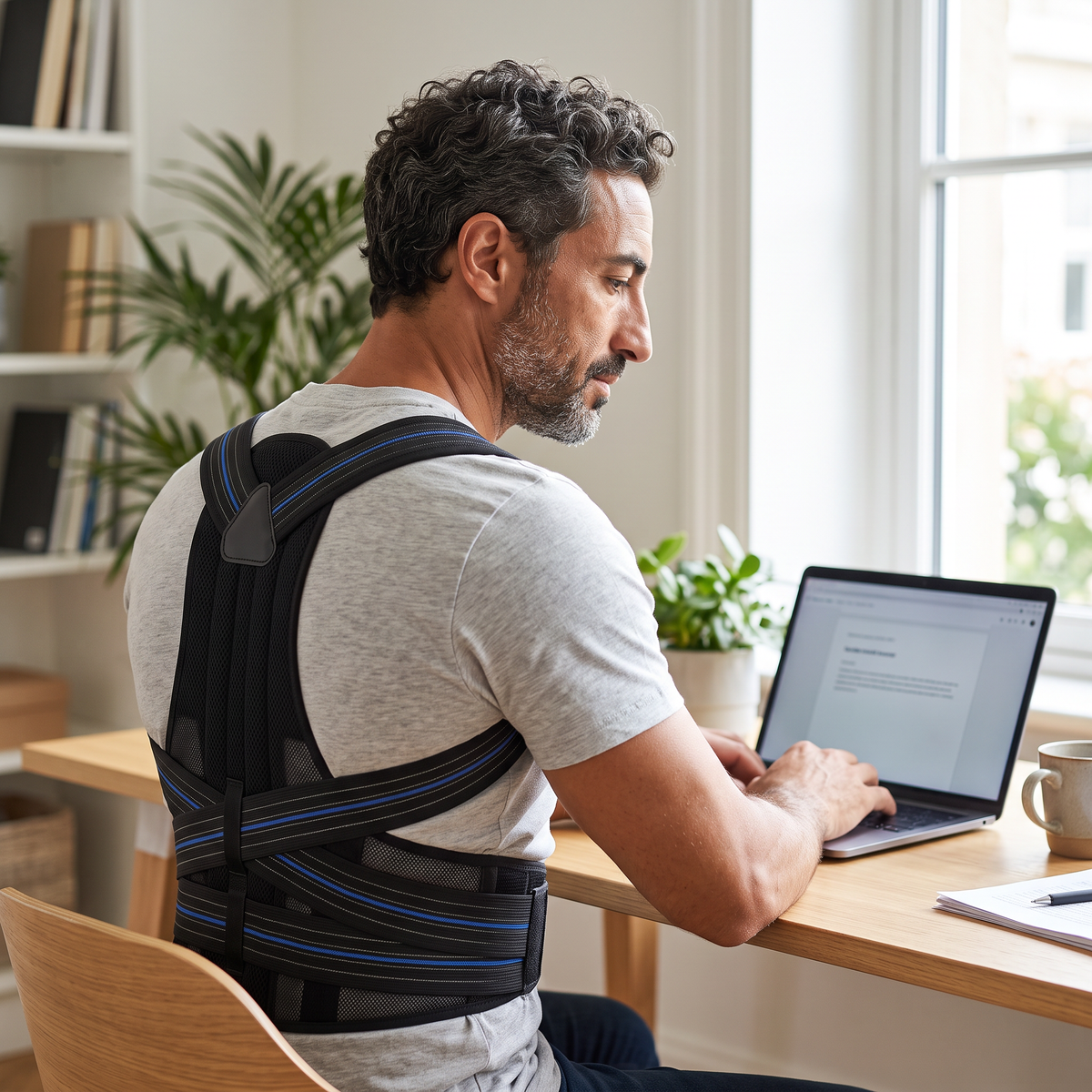 Homme portant le correcteur de posture dos complet à son bureau en télétravail