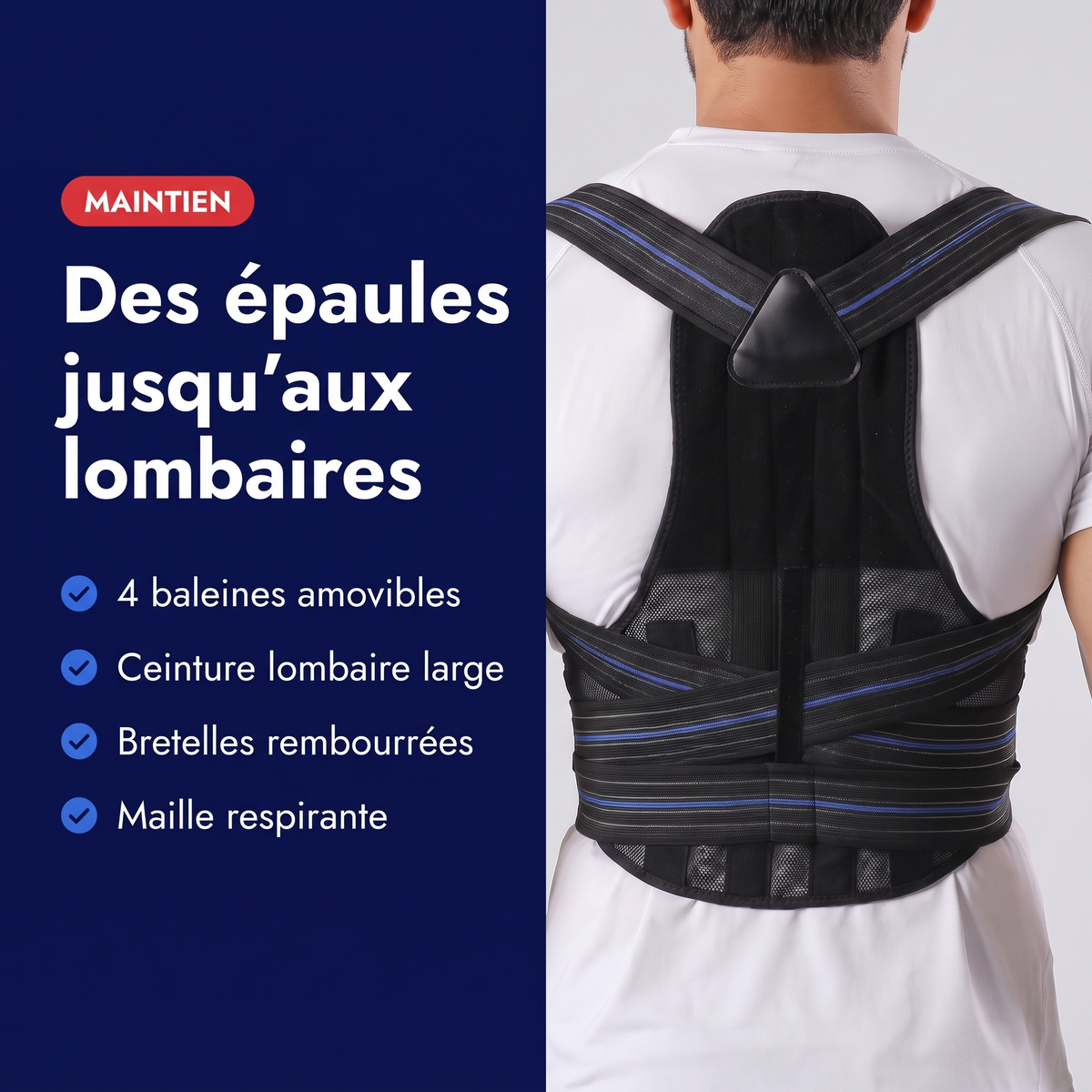 Bénéfices du correcteur de posture dos complet : 4 baleines amovibles, ceinture lombaire large, bretelles rembourrées, maille respirante