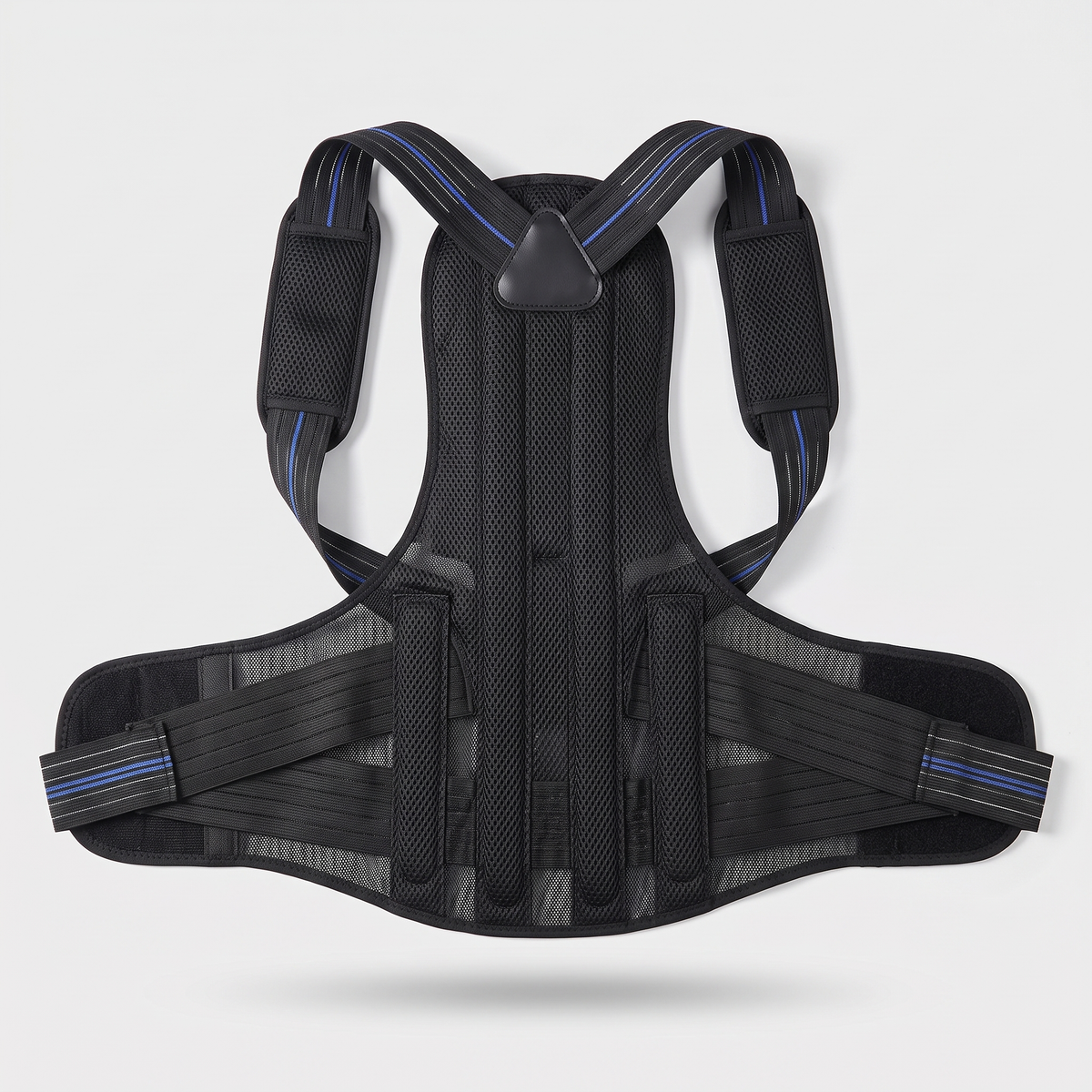 Correcteur de posture dos complet à plat, maille respirante noire et sangles élastiques