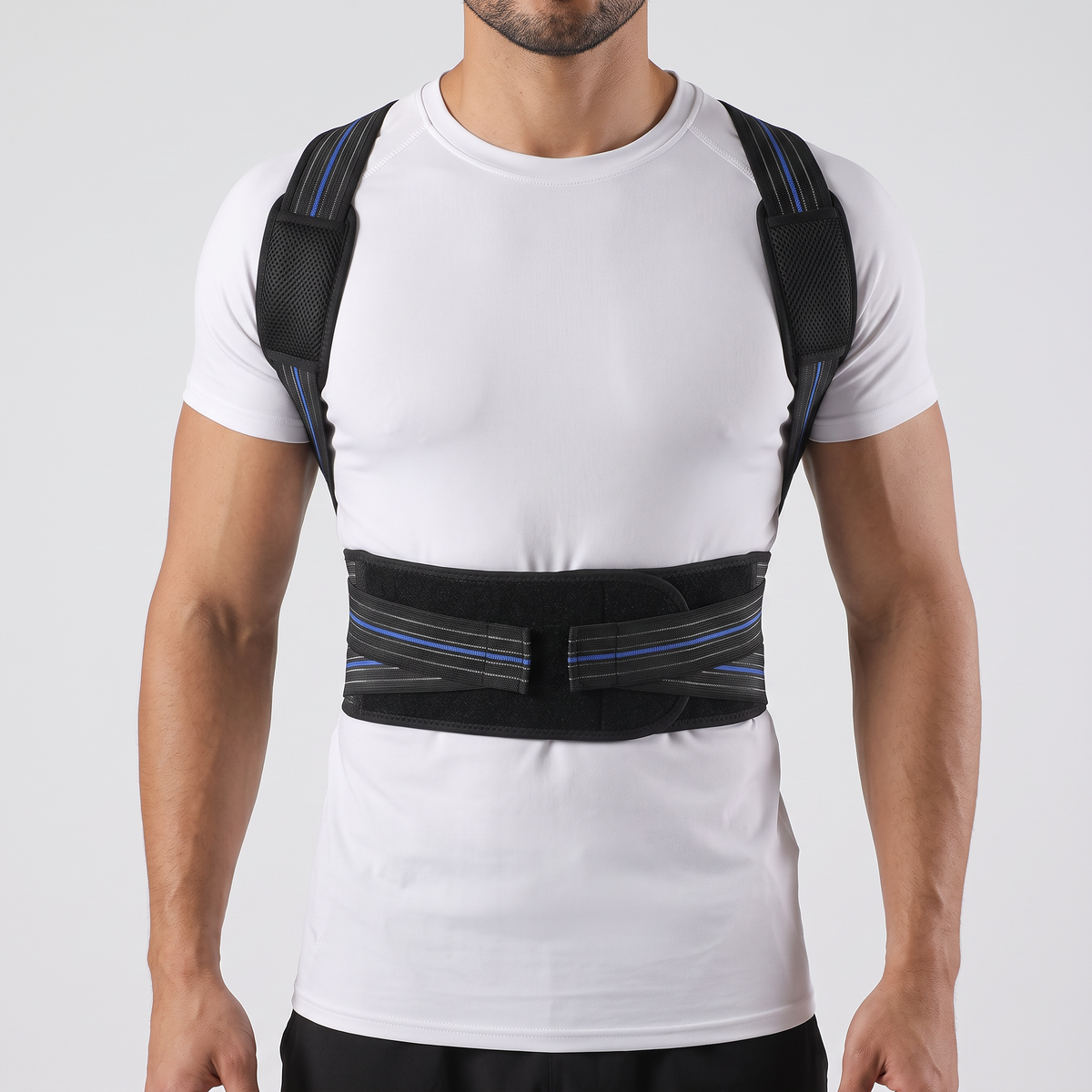 Correcteur de posture dos complet vu de face : bretelles rembourrées et ceinture lombaire auto-agrippante