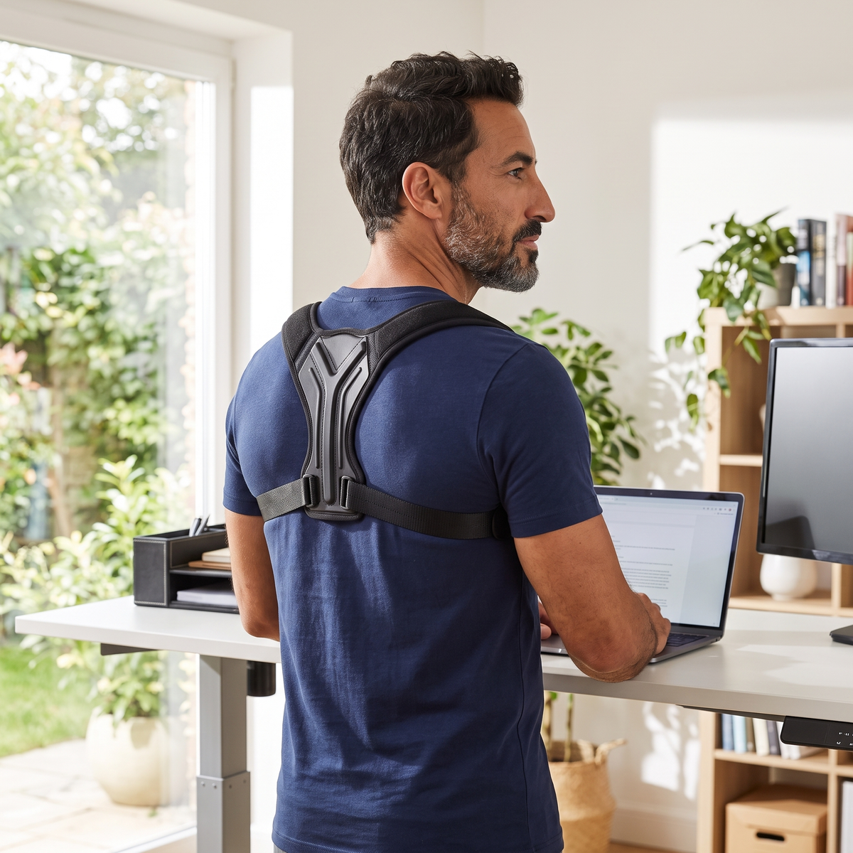 Homme portant le correcteur de posture haut du dos à son bureau debout