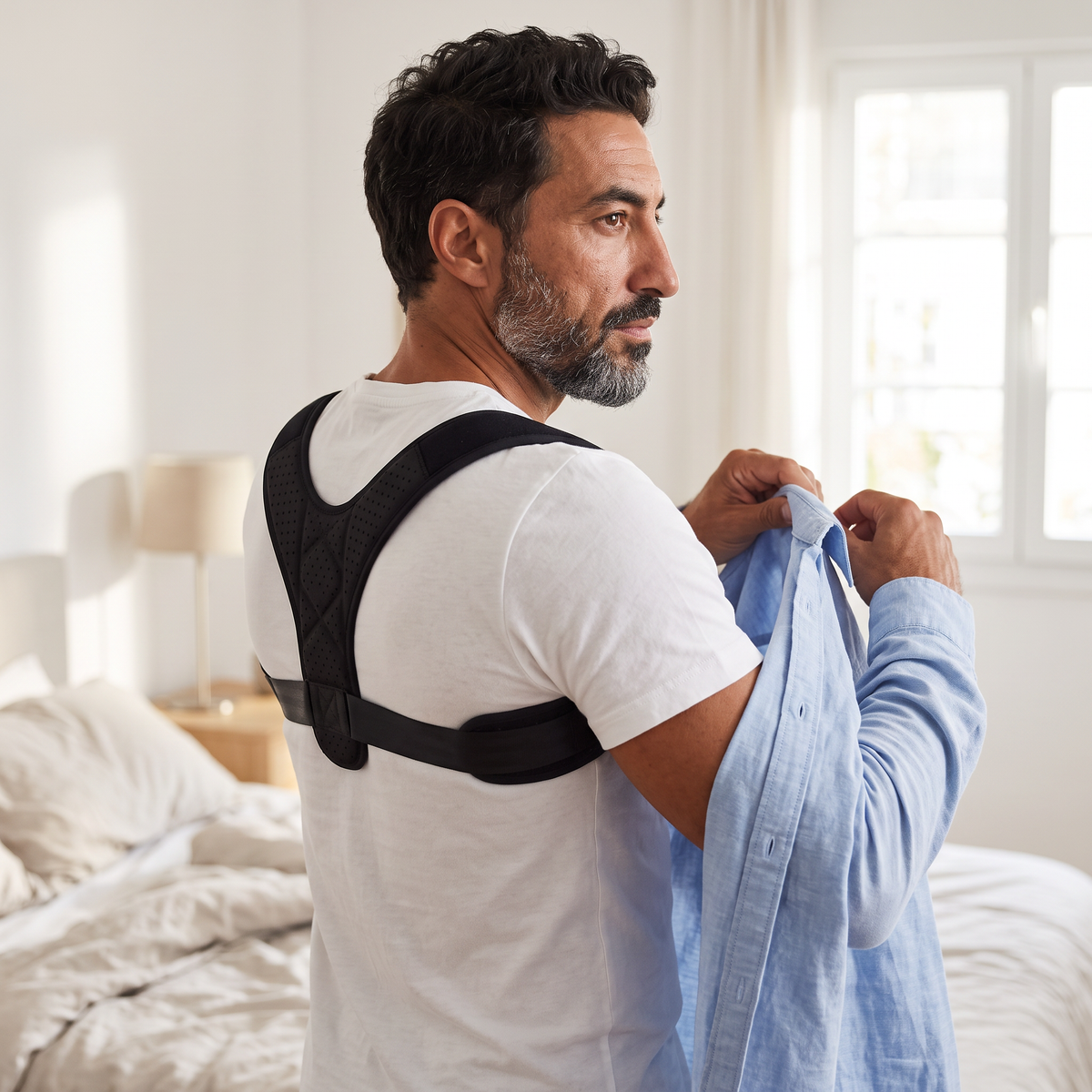 Homme enfilant une chemise par-dessus le correcteur de posture léger, discret sous les vêtements