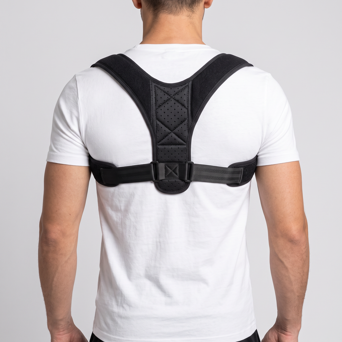 Correcteur de posture léger Le Sport Français porté, vue de dos : panneau ajouré entre les omoplates et bretelles