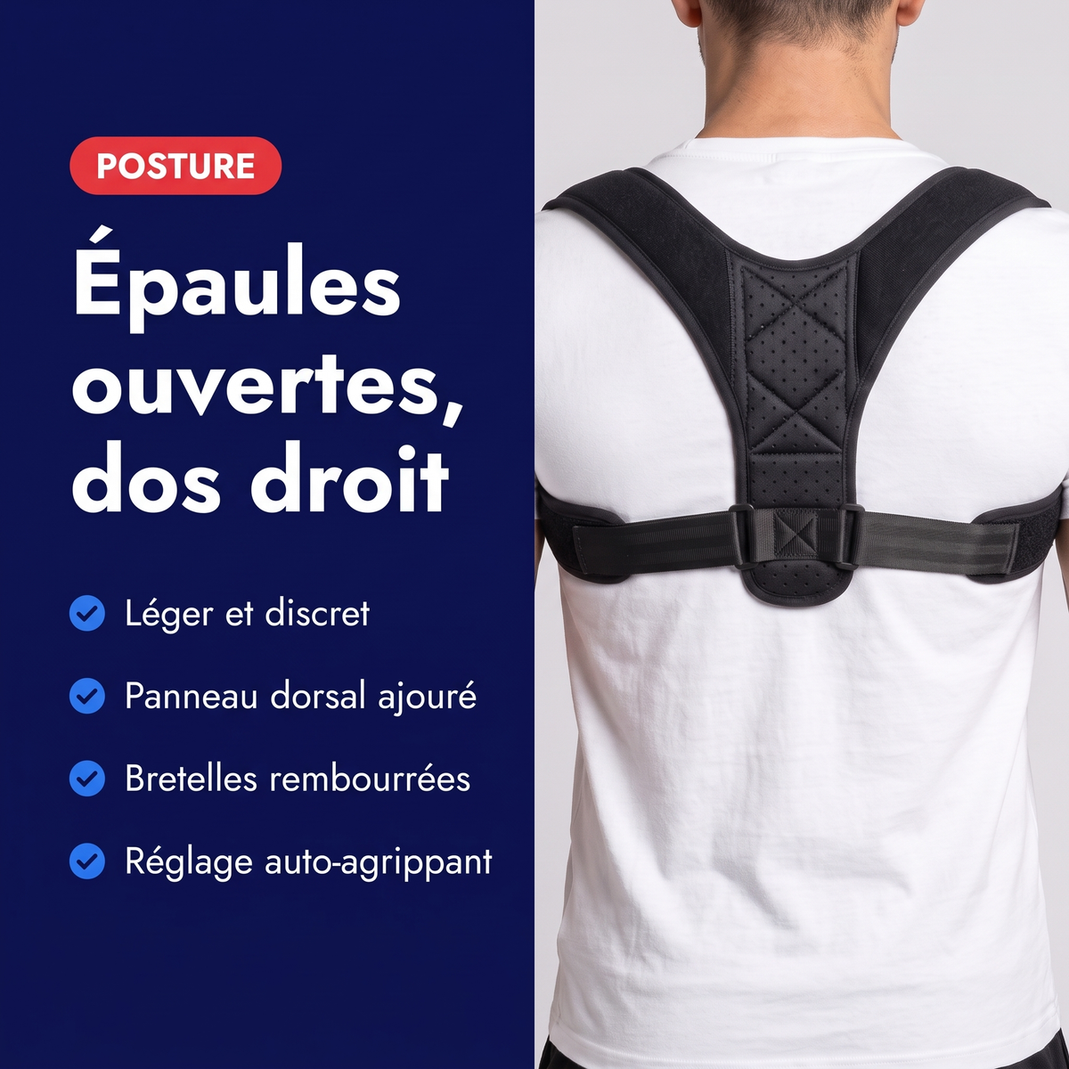 Bénéfices du correcteur de posture léger : discret, panneau dorsal ajouré, bretelles rembourrées, réglage auto-agrippant